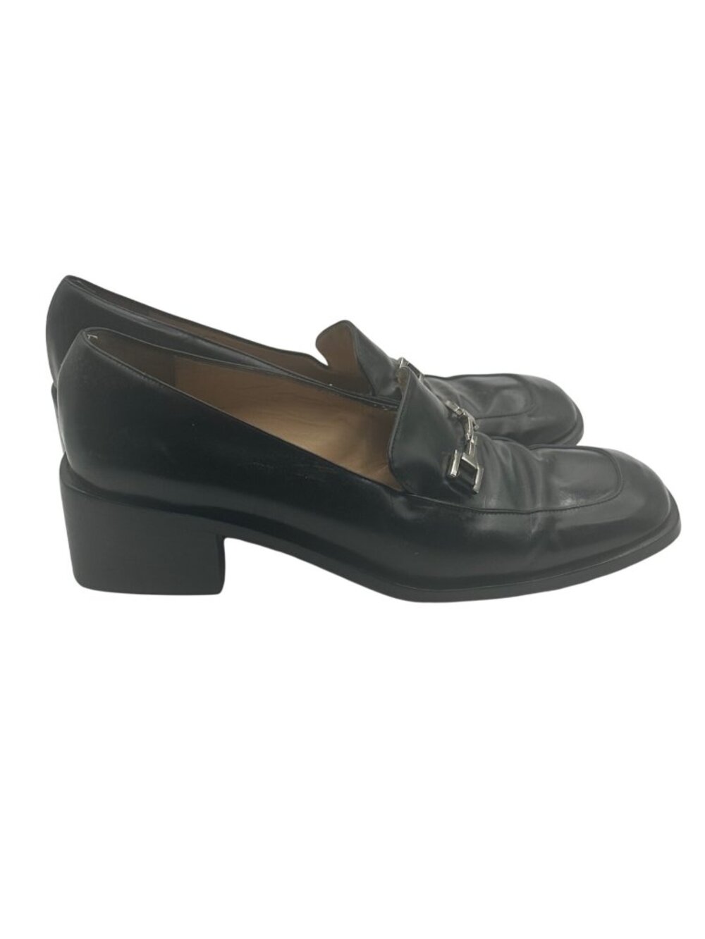 Gucci Size 9.5 Leather Block Heel Loafers Metal Buckle Details Black